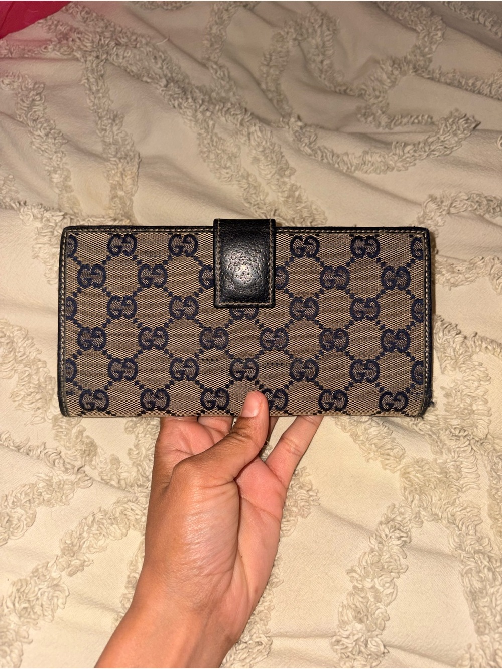 Gucci Brown & Navy GG Canvas Continental Wallet with Black Trim
